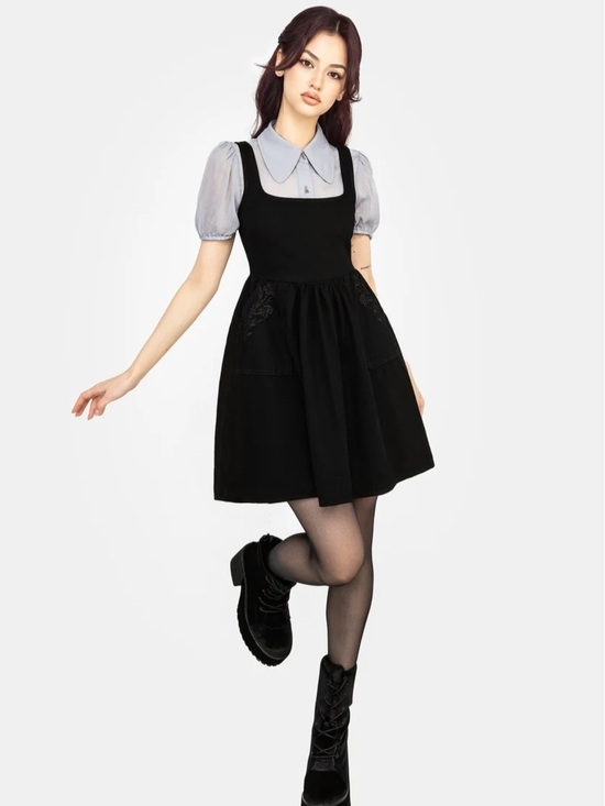 Disturbia Dresses & Skirts - Deadhead Rose Embroidered Black Denim Mini Smock Dress